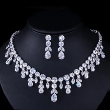 CWWZircons CZ Big Dangle Drop Bridal Wedding White Necklace Earrings Jewelry Set