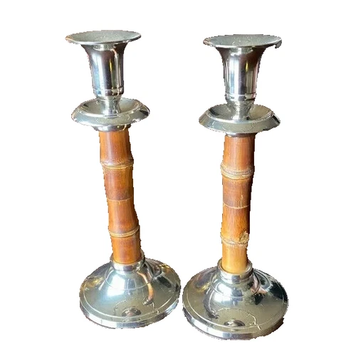 2 New WILLIAMS SONOMA Bamboo and Silver CANDLE HOLDERS  8 INCH TALL