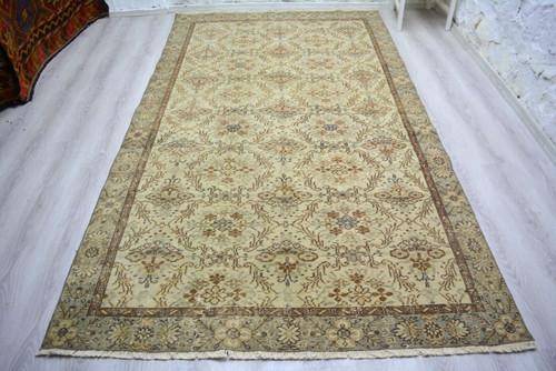 Antique Beige Geometric Handmade Rug, 6.2x10.9ft, Turkish Oriental Beige Rug,