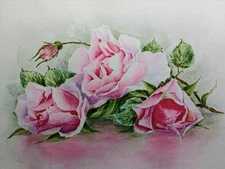 Original Artwork Modern Painting DUSTY PINK VINTAGE Flower Rose Floral Signed A4