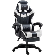 SOULART PVC Office Chair Lumbar Massage, LED Light, 135?? Recline??White