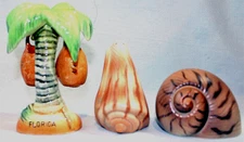 Salt & Pepper Shaker 2 sets KENMAR FLORIDA Palm Tree/Coconut--OTAGIRI Seashells