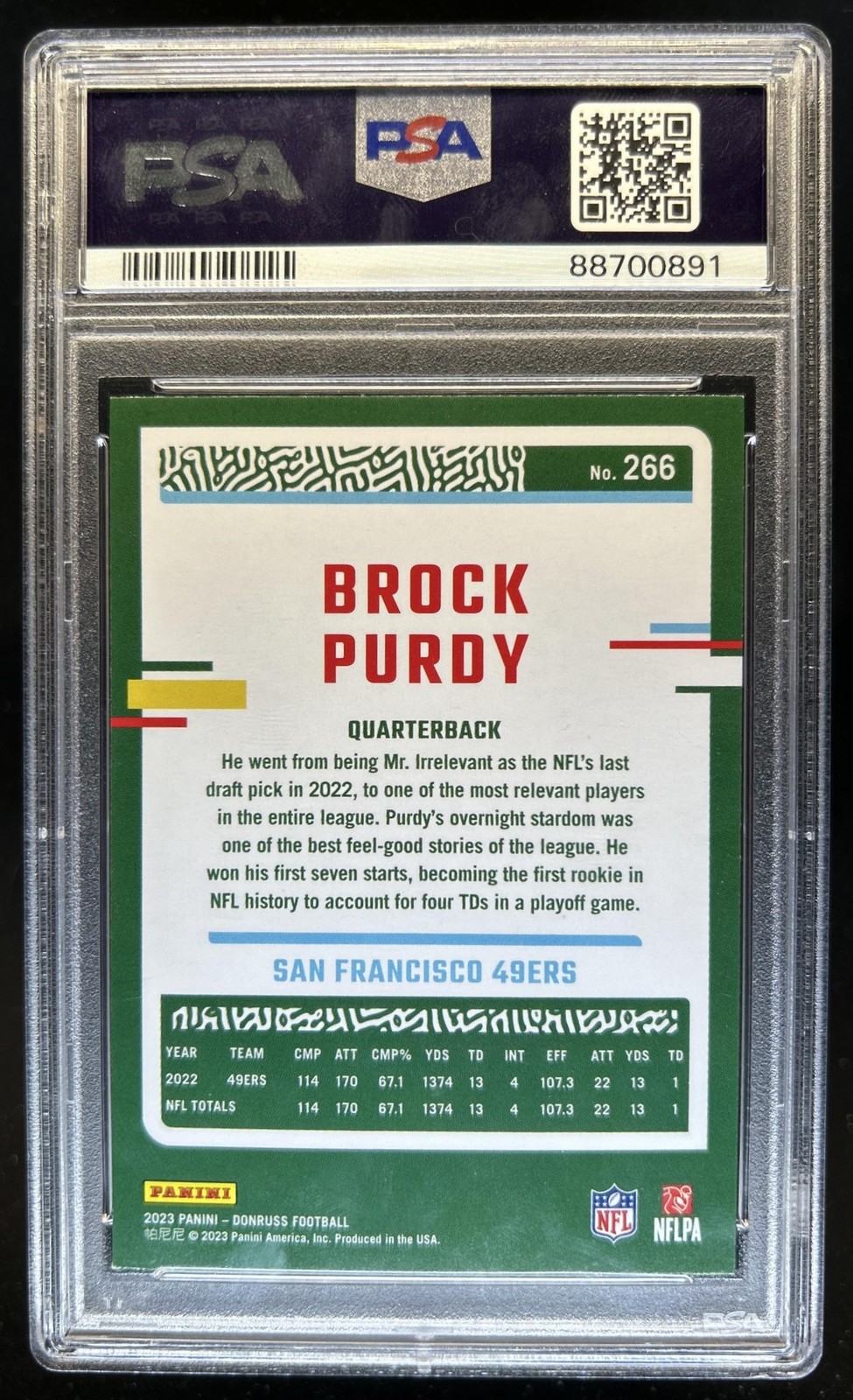 2023 Panini Donruss Brock Purdy #266 49ers PSA 8 view 2