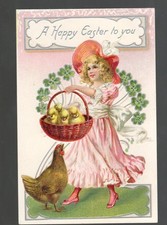 E459 Easter Antique Postcard Girl Pink Dress Chick Basket Hen Rooster Shamrocks