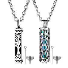 Square&Cylindrical Ashes Urn Necklace Chain Tree of Life Pendant Stainless Steel
