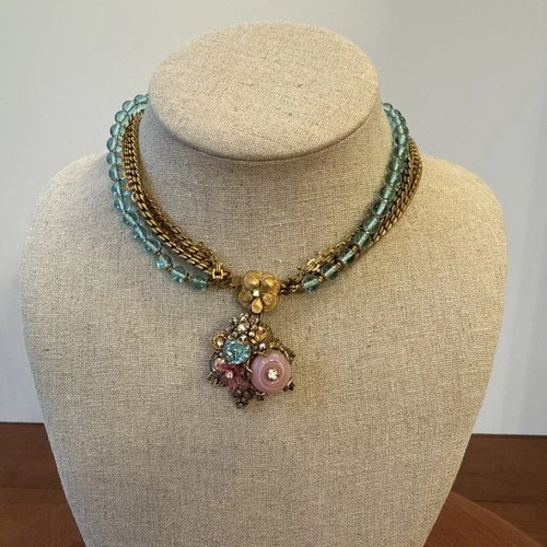 MIRIAM HASKELL Signed Art Glass Rhinestone Gold Tone Multi Strand Choker Vtg.