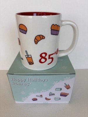 85°C Bakery Cafe Holiday Advertising Mug White Red Orange Purple Bakery Graphics