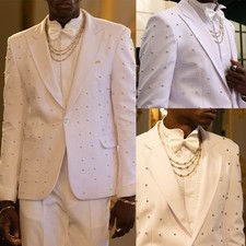 Luxury Suits for Men Pearls Slim Fit Wedding Tuxedos Peak Lapel Beading Shape