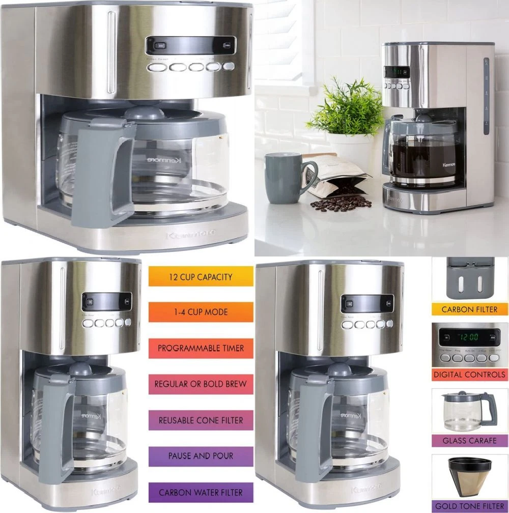  Kenmore Aroma Control 12-Cup Programmable Coffee Maker, White  and Stainless Steel Drip Coffee Machine, Glass Carafe, Reusable Filter,  Timer, Digital Display, Charcoal Water Filter, Regular or Bold : Home &  Kitchen