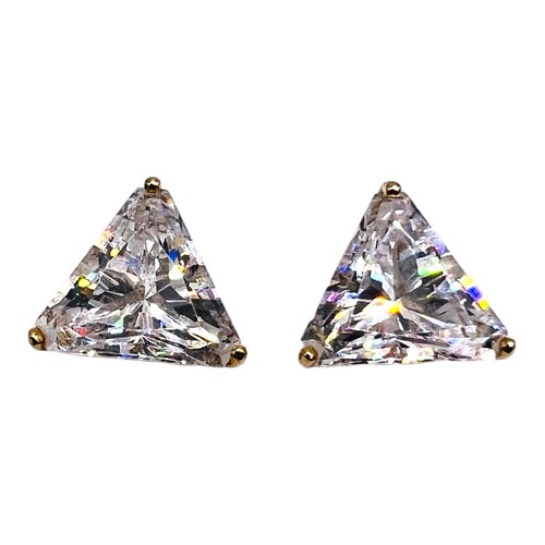Solid 14k Yellow Gold Triangle Cubic Zirconia Stud Earrings CZ 9 mm - Picture 2 of 6