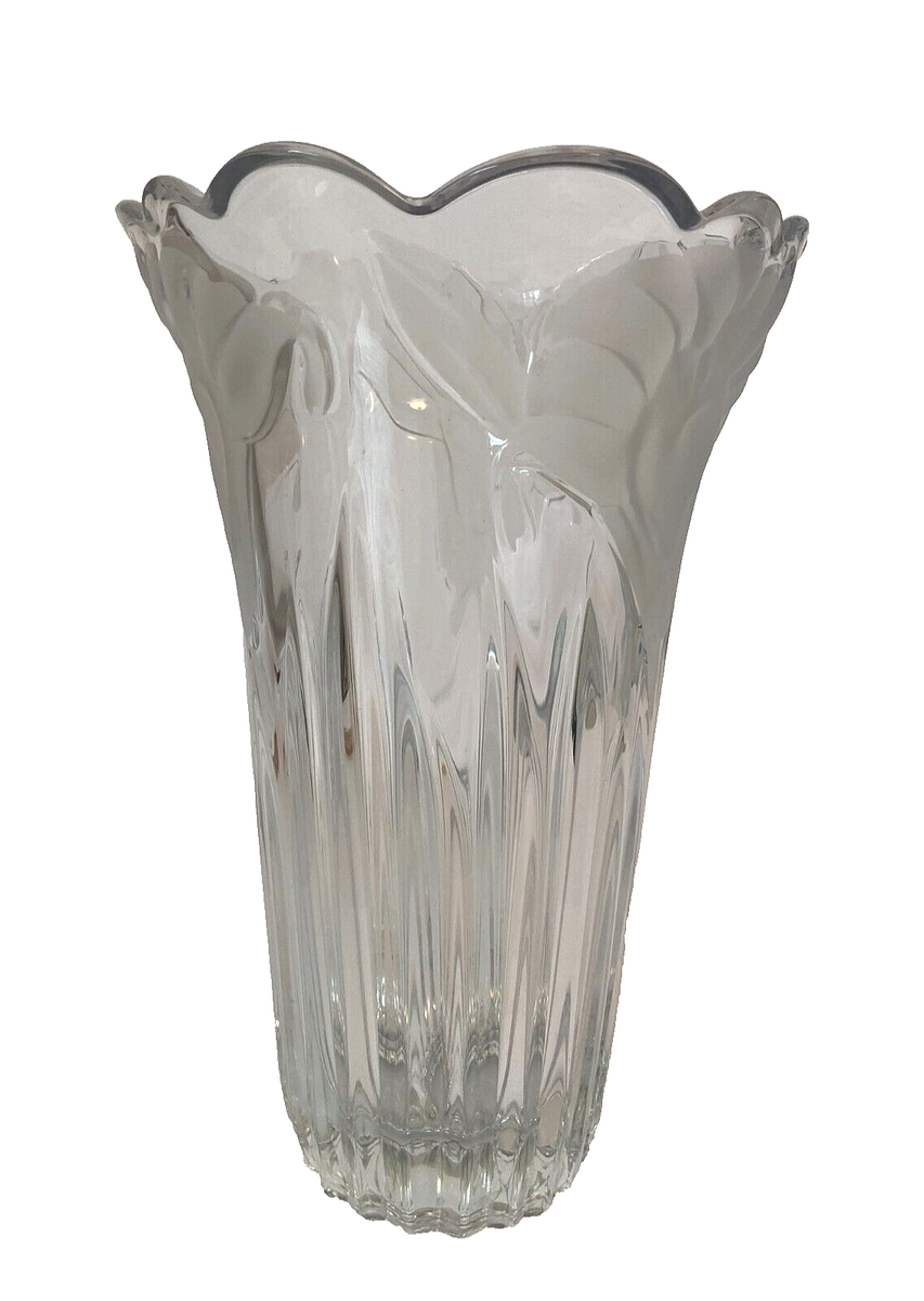 MIKASA TALL Heavy GLASS VASE w/CALLA LILY ETCHINGS & SCALLOPED RIM