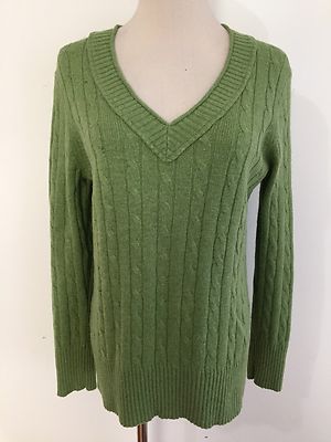 Ann Taylor LOFT Petites V-Neck Cable Knit Sweater Grass Green
