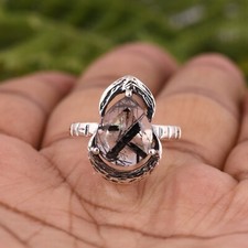 Natural Black Rutile Quartz Sterling Silver Ring Boho Handcrafted Ring Jewelry
