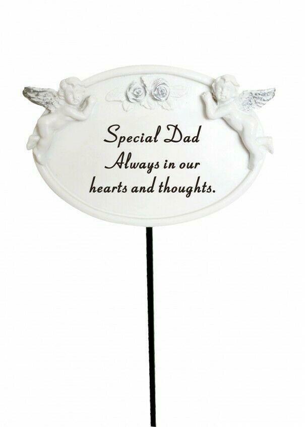 Dad White Silver Twin Cherub Memorial Stick Remembrance Plaque Tribute Stake