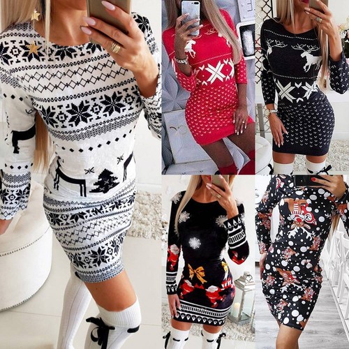 Womens Christmas Santa Mini Dress Long Sleeve Xmas Pullover Jumper Bodycon  Dress | eBay