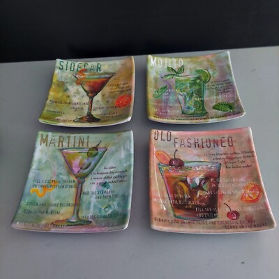 Square Cocktail Party Plates Thick Quality Melamine with 4 Mixed Drink & Recipe