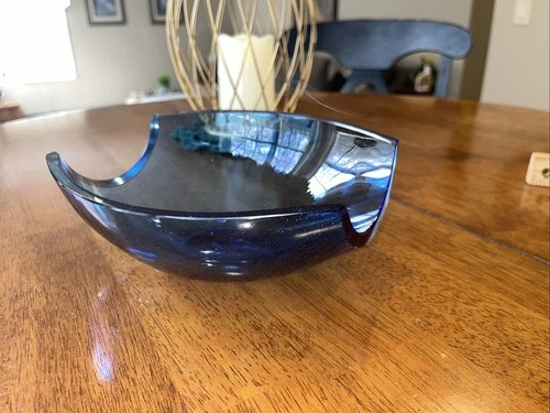 Vintage BLENKO Blue Glass Bowl Trinket Dish Handcraft Studio Art Open Sided 7.5”