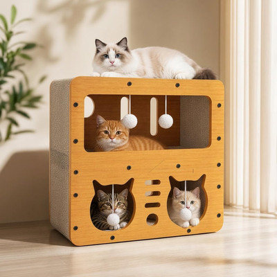 Katzenhaus-Kratzer aus 2 Etagen aus Pappe 45 x 28 x 51 cm Höhle Spielzeug zum Aufhängen Ball Spielzeug