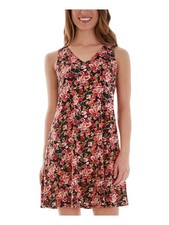 BCX Womens Black Lace Up Back Floral V Neck Mini Shift Dress S