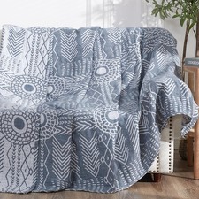 Boho 100 Cotton Muslin Blanket 3-Layer Queen Size 80x90 Inches Geometric Blu...