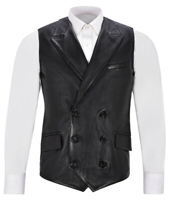DOUBLE BREASTED New Men's Black Vest Coat Pure Sheepskin Causal SlimFitWaistCoat