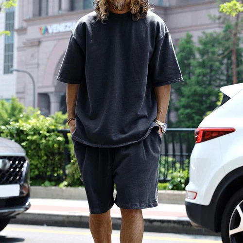 Men Loose Pure Solid Sports Short Sleeve T Shirt Shorts Set Outfit Sportswear - Picture 9 of 32