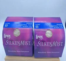 2 Pair Vintage L'eggs Silken Mist Control Top Sheer Toe Size B Ivory Pantyhose