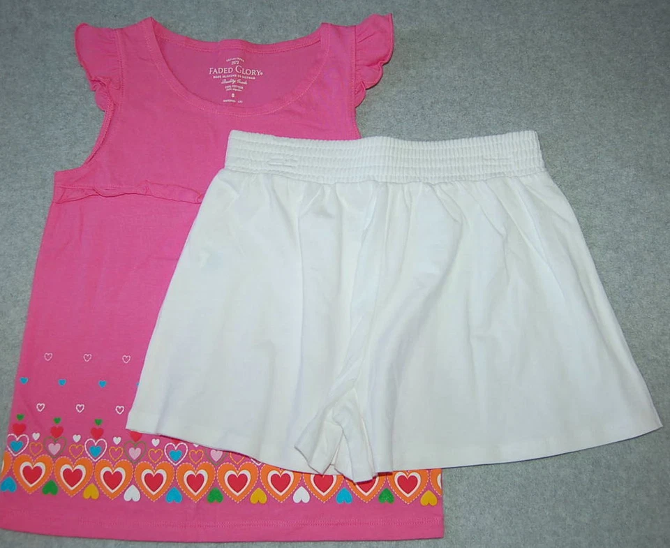Girls PINK TUNIC TANK TOP Colorful Hearts WHITE SHORTS Skirt Look SIZE 4 5 6 7 8 - Image 2 of 2
