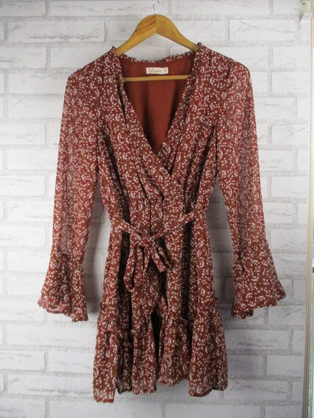 Blossom womens a-line dress brown floral print 10 v-neck long flared sleeves