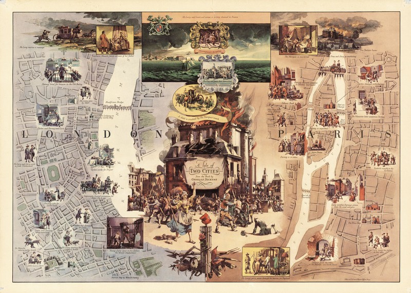 Charles Dickens Map A Tale of two cities Pictorial 11"x16" Poster Wall Art Print