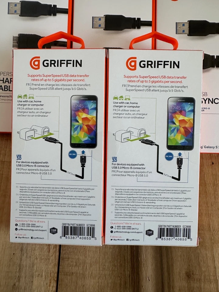 Lote de 8 cables de carga/sincronización Griffin USB 3.0 Micro-B para Samsung Galaxy Note 3/S5 Foto 3 de 3
