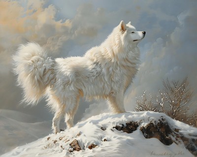 Samoyed 8x10 Matte Print: Majestic Dog Standing Proudly on Snowy Hill