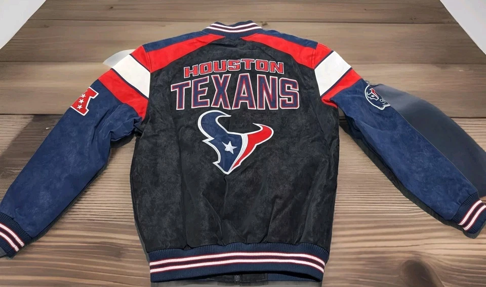 Chaqueta universitaria de fútbol americano de los Houston Texans NFL talla grande de gamuza/cuero para hombre Foto 2 de 4