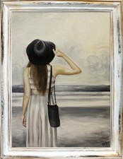 Woman, Which Are IN The Distance Looks 73x103cm Oil Painting Canvas Rahmen-Sign