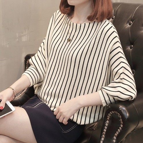 Womens Korean Stripes Bat Sleeve Knit 