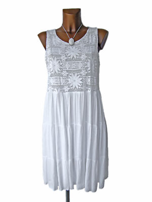 Sommer Träger Kleid Tunika Hängerchen Spitze ärmellos 36 38 40 42 weiß