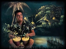 Elvis Tiki Hut Bongo Drums Velvet Blue Hawaii Vintage Wall Decor ART Print MCM