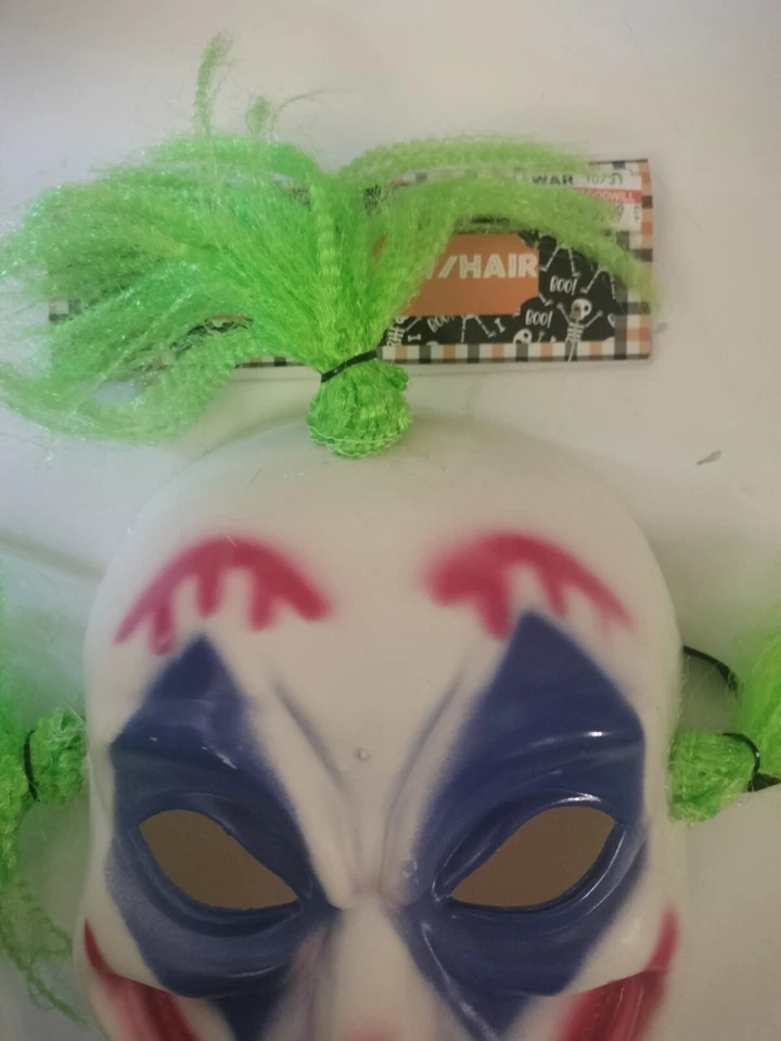 Scary Clown Mask White Plastic with Red Nose and Green Hair - Image 4 of 4