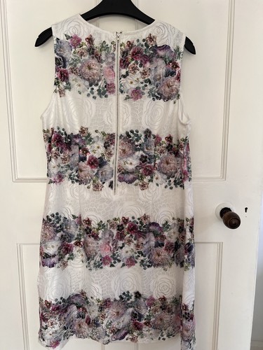 Apricot Lace Overlay Floral Shift Dress 14 16 60's Vintage Style White Multi - Picture 2 of 7