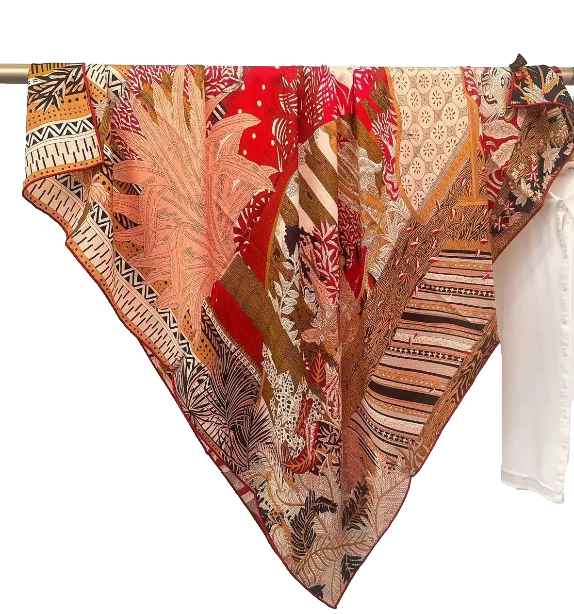 51"x51"Red Midsummer Night Print 70%Wool 30%Silk Thin Scarf Shawl 130x130cm4-36