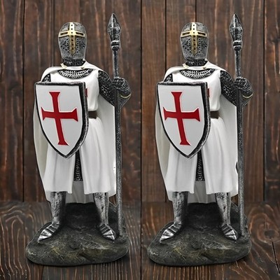 2-PC Gift Set 7''H White Crusader With Spear and Shield Figurine Ornament Decor