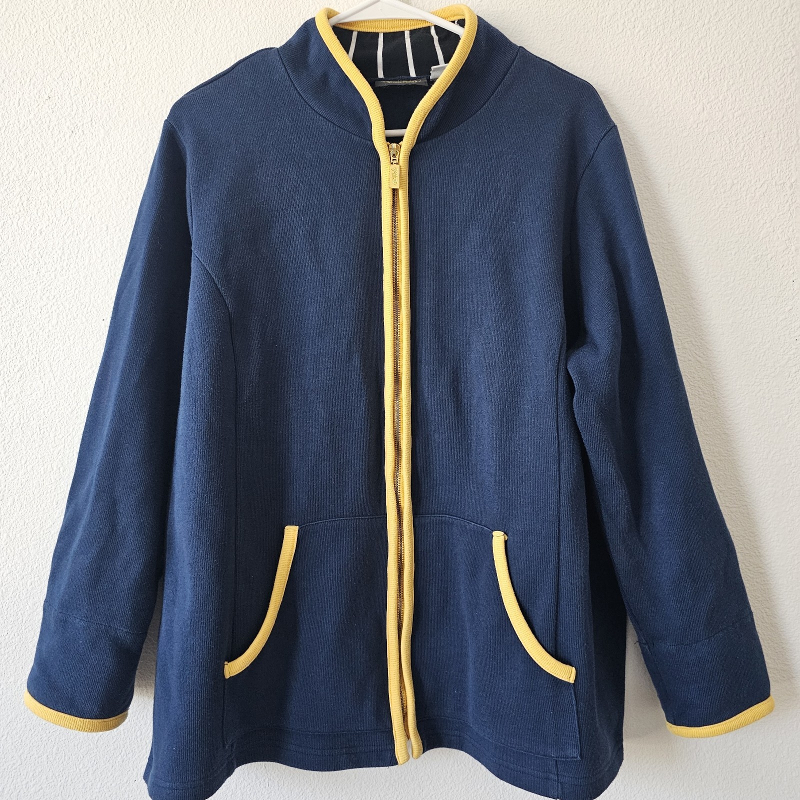 BOB MACKIE Jacket Navy Blue Full Zip 2X Yellow Trim Pockets Wearable Art