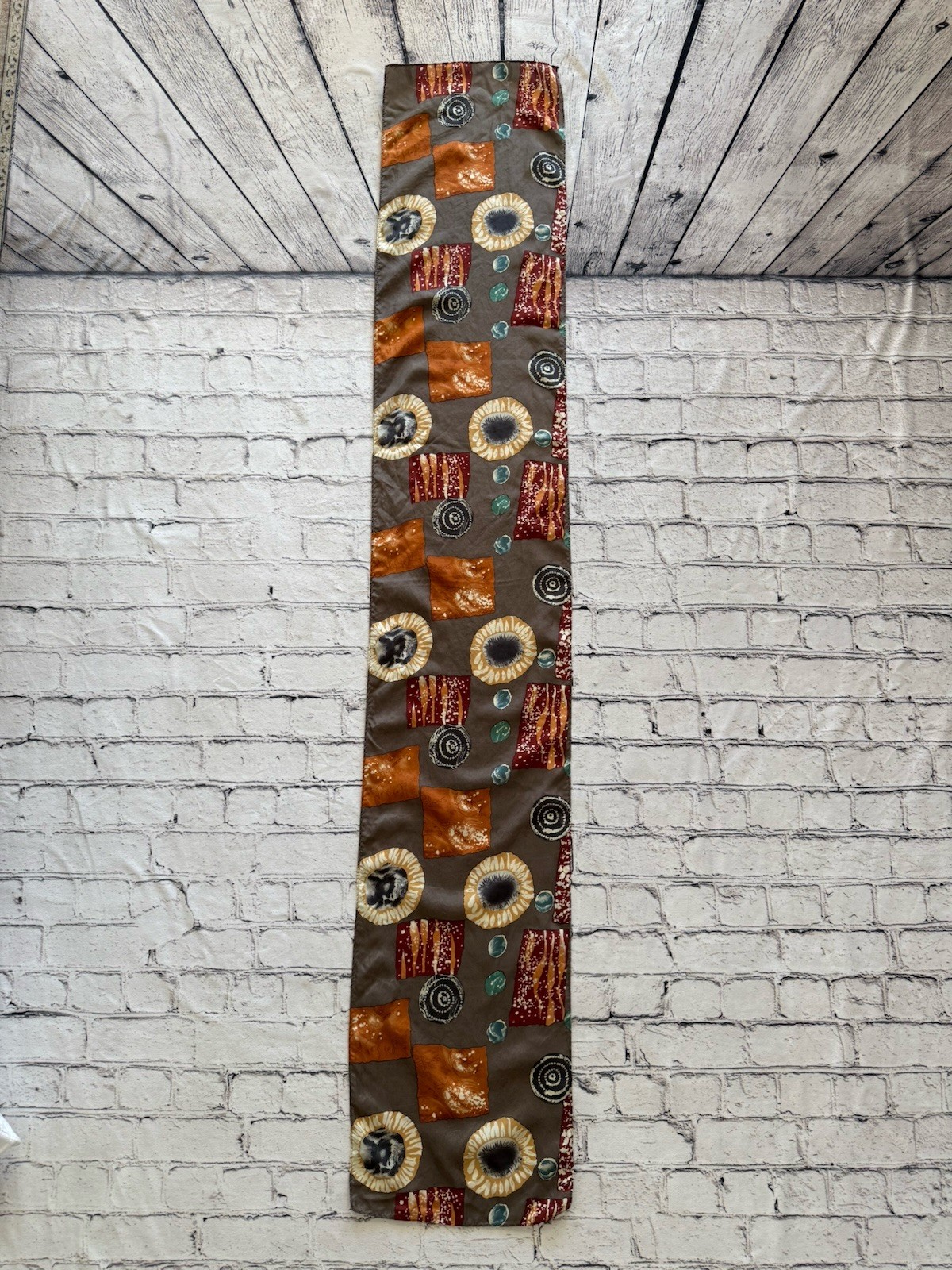 Vintage Silky Scarf Rectangular Brown Orange Teal… - image 4