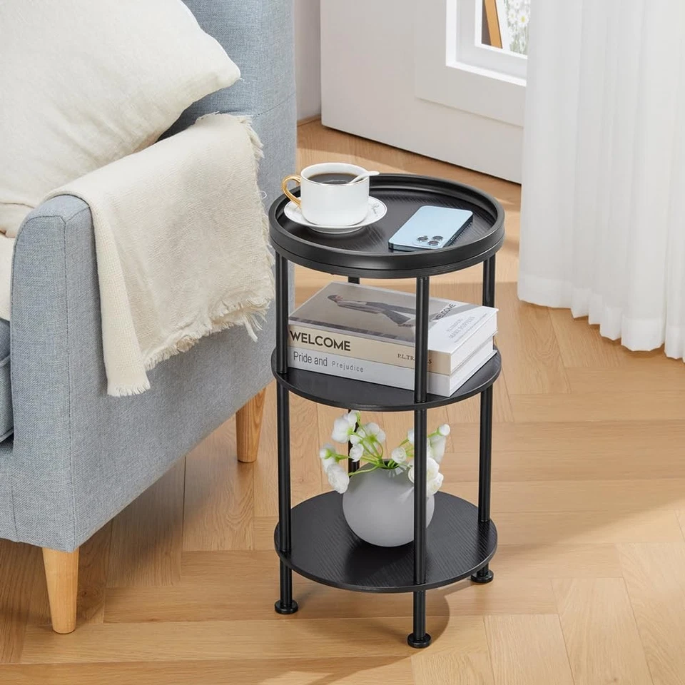 Mesa auxiliar redonda negra de 3 niveles para espacios pequeños sofá moderno mesa auxiliar esquinera Foto 2 de 4