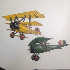 2 Vintage Homco Airplane Wall Decor Cast Metal WWI Bi-Planes 1975 Made in USA
