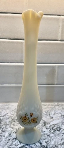 Vintage Hand Painted FENTON Satin Custard Glass Swung Bud Vase Floral Signed