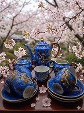 Vintage 1950s Japanese Moriage Dragonware Blue Enamel Tea Set China Hand Painted