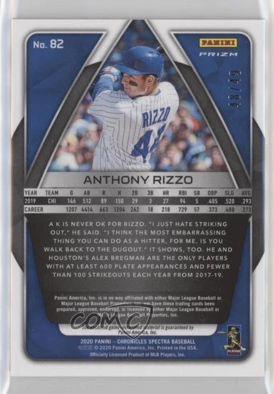 2020 Panini Chronicles Spectra Neon Blue Prizm Swatches /49 Anthony Rizzo #82 - Image 2 of 2