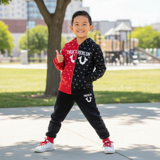 True Religion Boys Split-Color Allover Monogram Hoodie and Jogger Sweatsuit Set