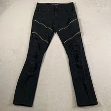 Bleecker & Mercer Mens 30x32 Moto Jeans Black Quilted Zip Distressed Skinny